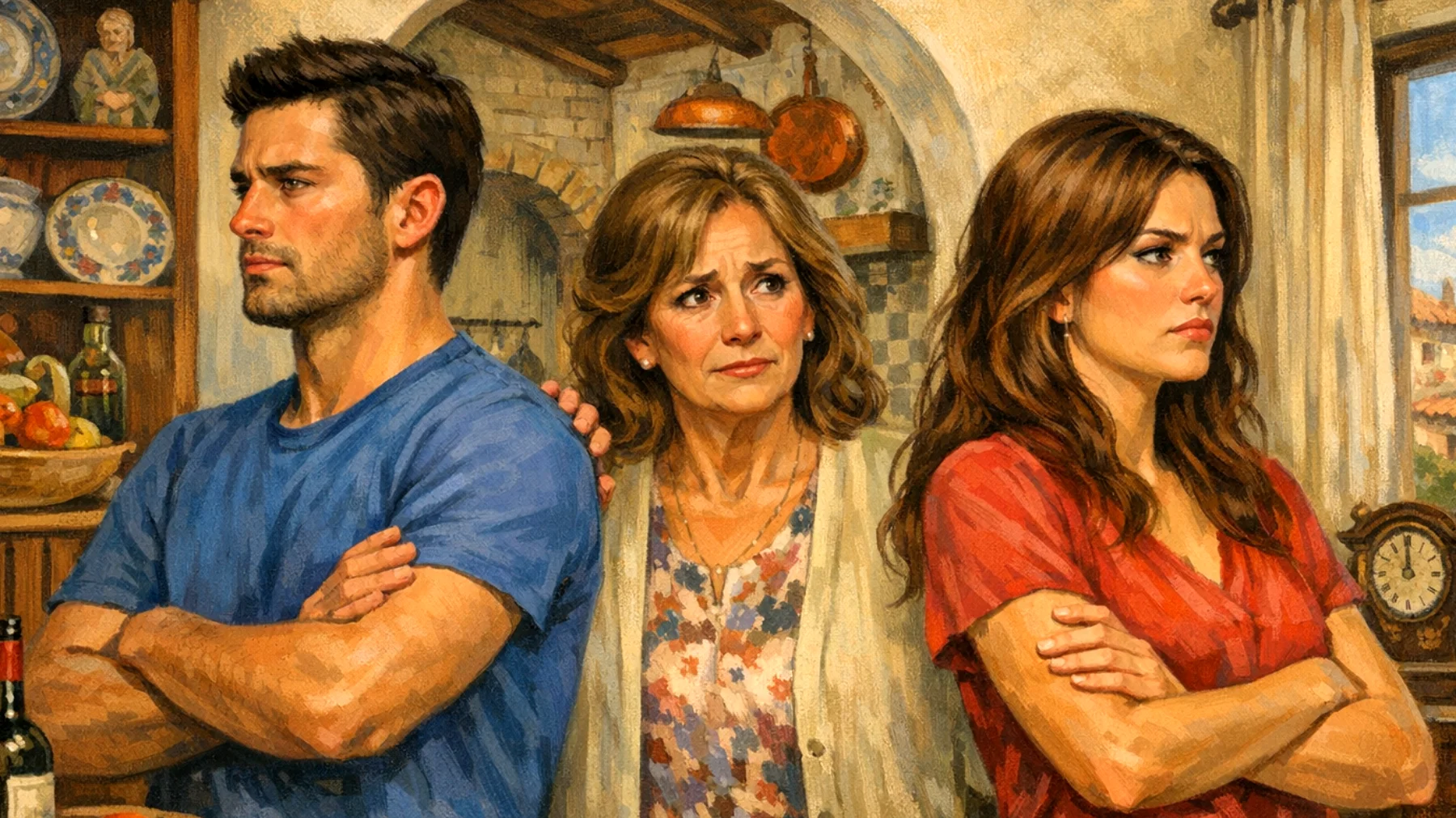 Una mamma si trova a gestire la gelosia e la rivalità tra i suoi figli giovani adulti, che competono costantemente per la sua attenzione e approvazione, creando tensioni familiari e sensi di colpa materni sulla distribuzione equa di affetto e supporto."