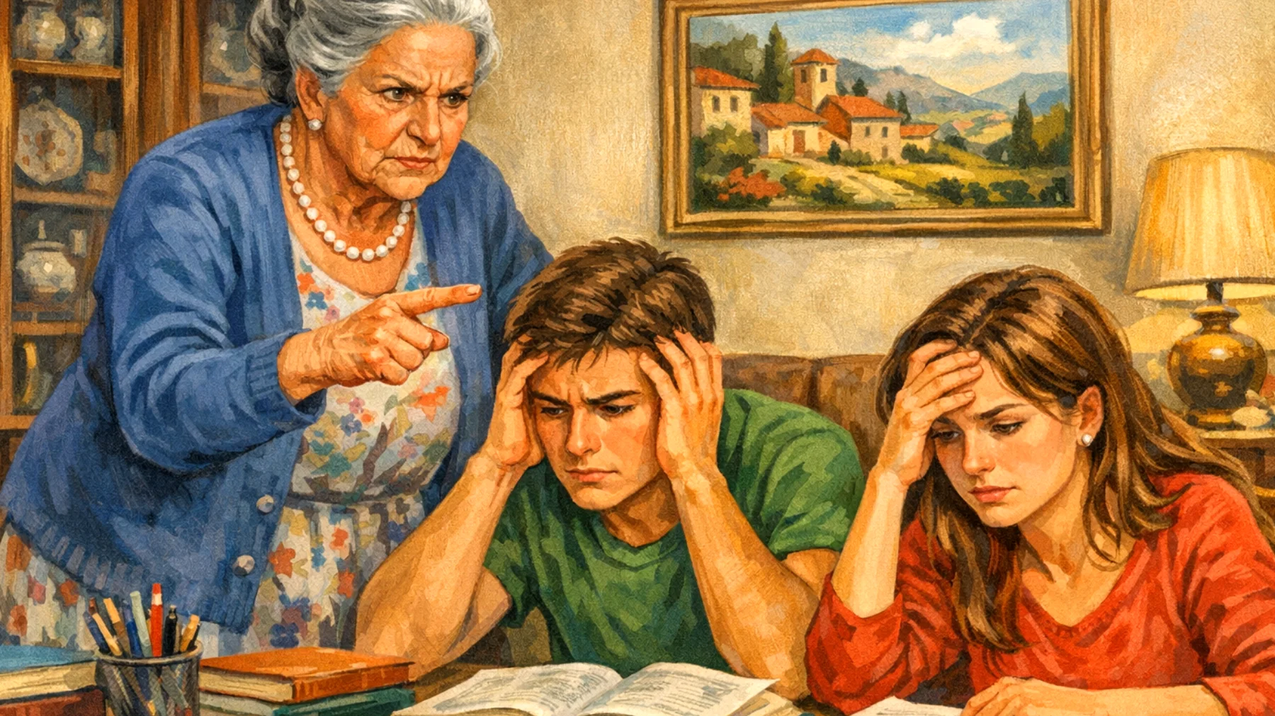 Una nonna che esercita pressioni eccessive sui nipoti adolescenti riguardo ai risultati scolastici, alle performance sportive e alle aspettative di successo, creando tensione nel rapporto e stress nei ragazzi"
