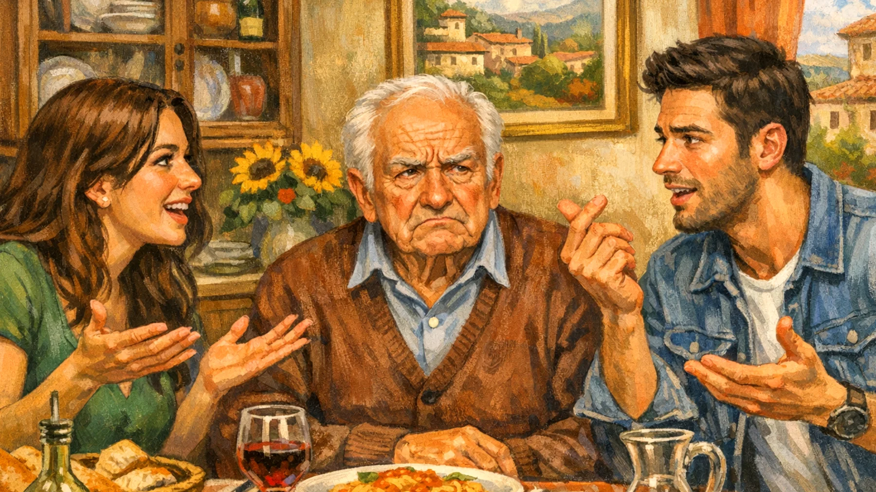Il nonno fatica a comprendere e ad accettare le scelte di vita dei nipoti giovani adulti, creando tensioni dovute a visioni del mondo molto diverse tra le generazioni"
